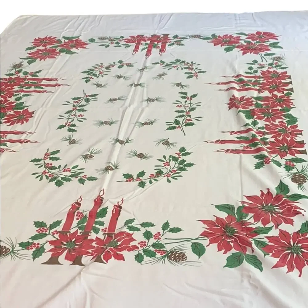 Vintage Christmas Tablecloth Printed Cotton 1960's Festive Red Green 58